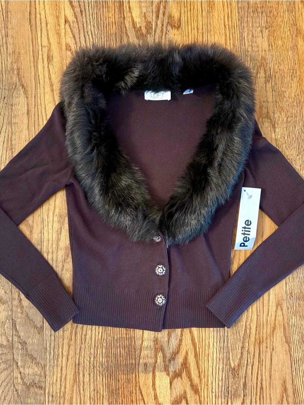 LOFT Petite Burgundy Cardigan with Dark Faux Fur Trim